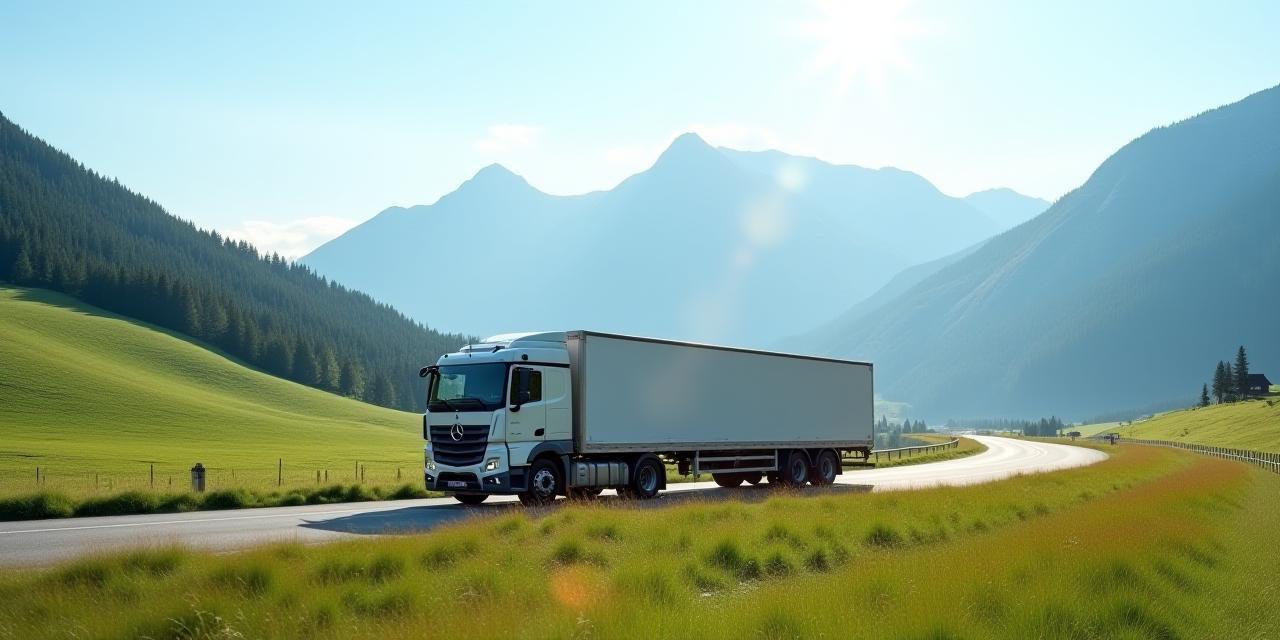 LKW fährt durch alpine Berglandschaft bei klarem Himmel